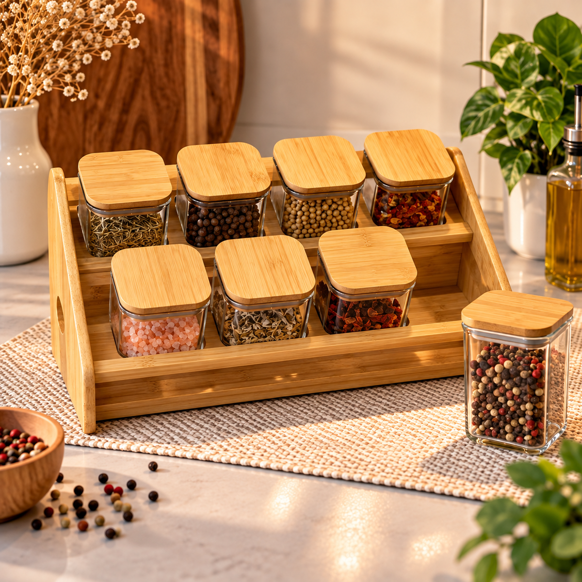 8 Piece Spice Jar Set with Storage Rack & Lids – Kitchen Organizer