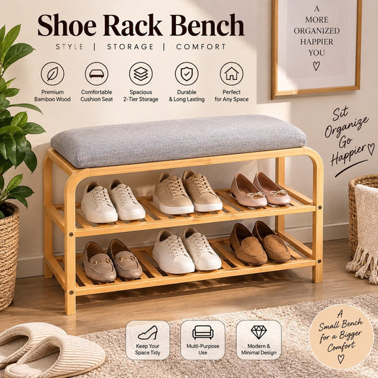 2-Tier Bamboo Shoe Rack Bench with Cushion Seat