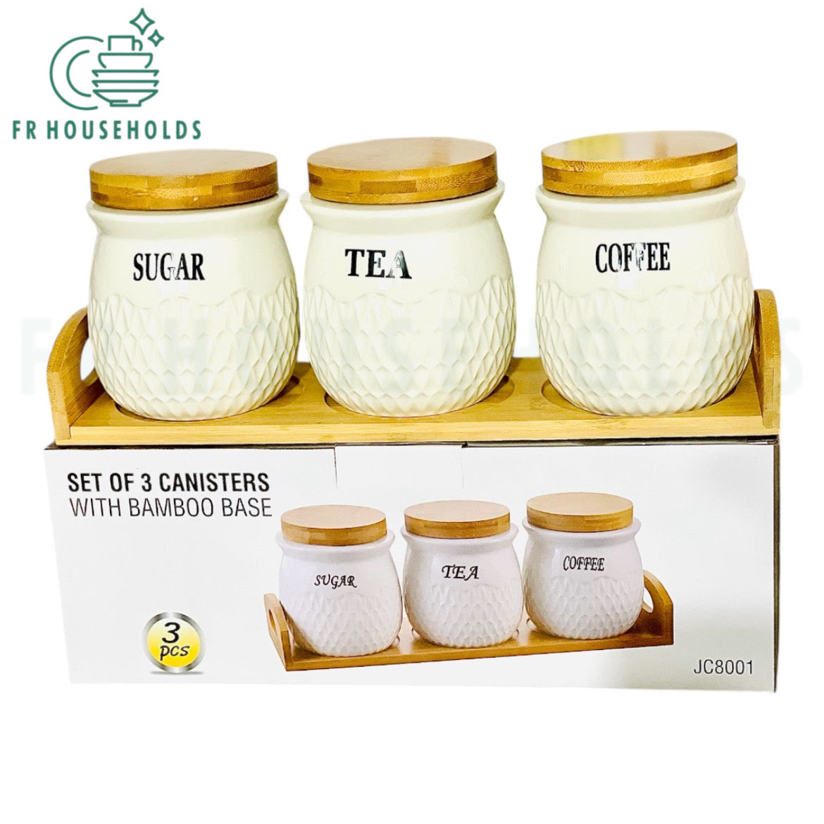 3-Piece Porcelain Airtight Jar Set with Real Bamboo Wood Stand