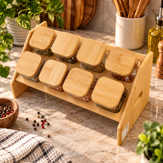 8 Piece Spice Jar Set with Storage Rack & Lids – Kitchen Organizer