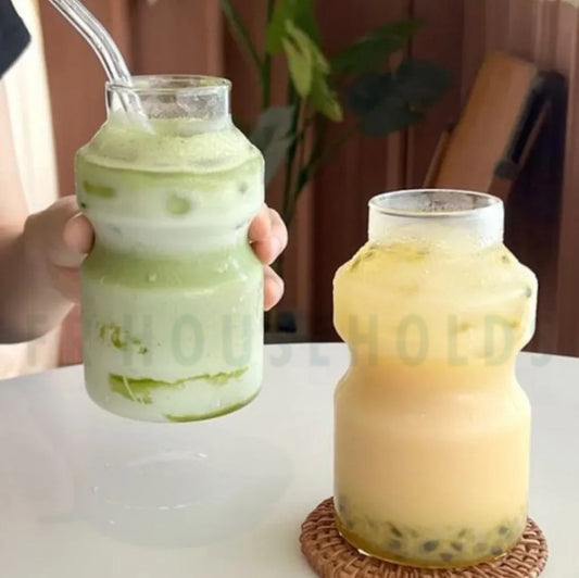 Milk Bottle Beverage Glass with Glass Straw - 500ml