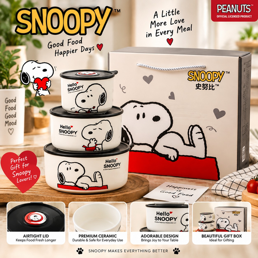 Snoopy 3 Pieces Ceramic Storage Bowl Set with Airtight Lids