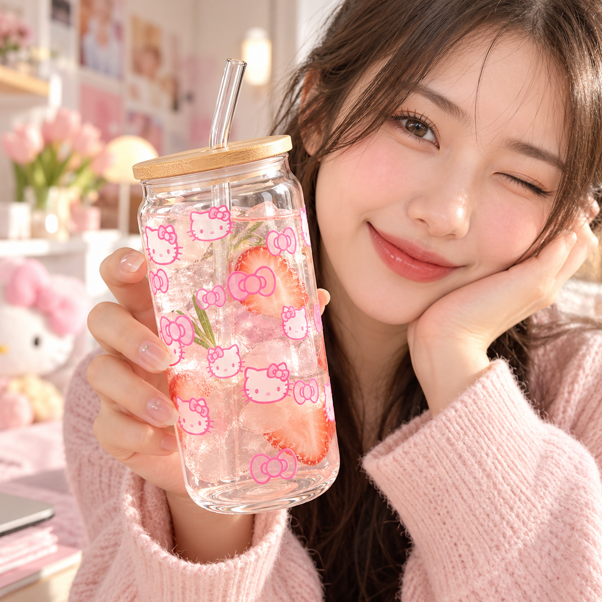 Hello Kitty Pink Glass Tumbler with Lid & Straw – Bow Design