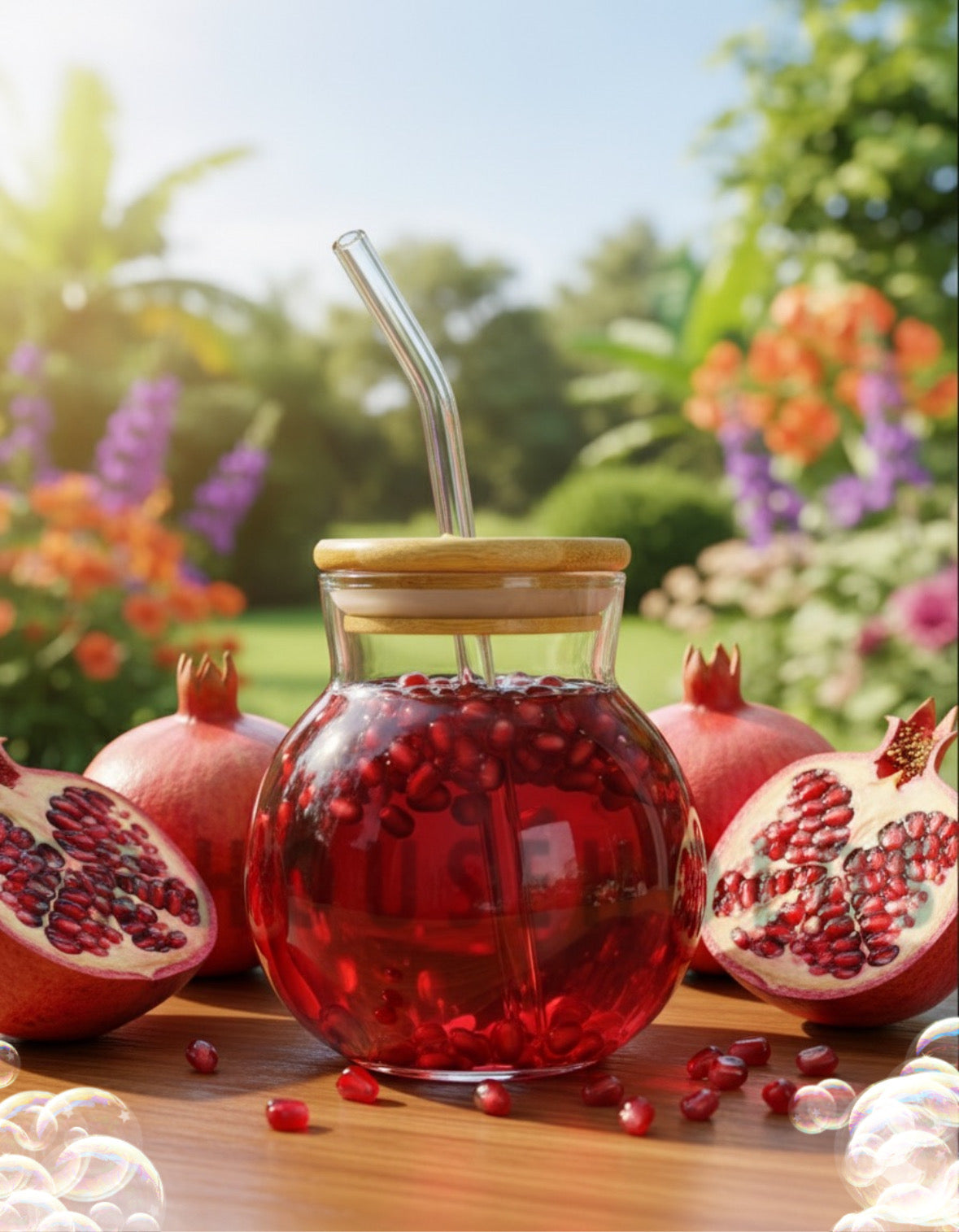 Pomegranate Shape Beverage Serving Glass with Bamboo Lid & Straw – 400ml