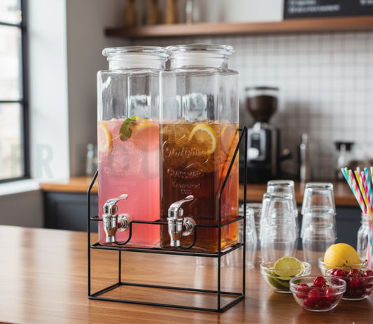 2-in-1 Beverage Dispenser with Metallic Stand | Dual Glass Drink Dispenser for Juice, Water, Lemonade & Cocktails