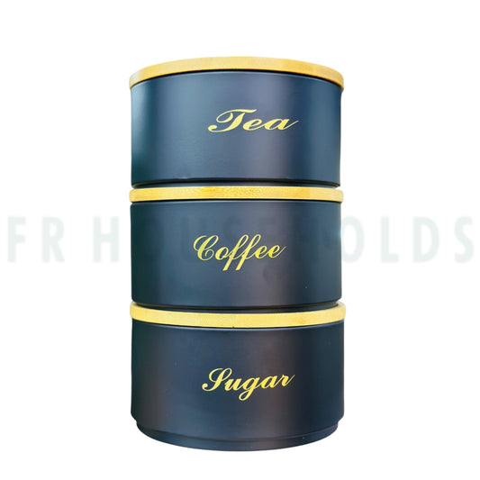 3pcs Airtight Tea , Coffee & Sugar Tin Canister With Real Bamboo Lid