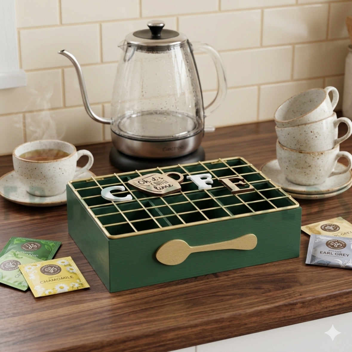 Luxury Wooden Teabags & Coffee Sachets Organizer – Premium Emerald Green Storage Box
