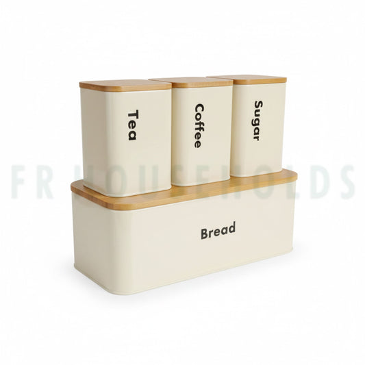 Metallic Bread Box with Wooden Top + 3pcs Airtight Tea Coffee Sugar Jars | Modern Kitchen Storage Set