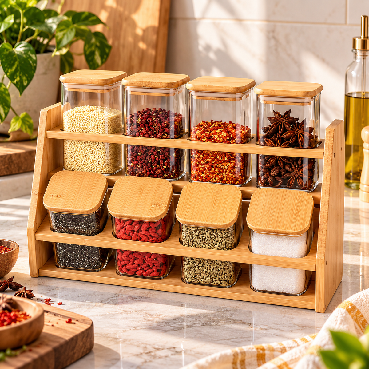 Bamboo Spice Rack with 8 Glass Jars & Bamboo Lids – 2 Tier Kitchen Organizer
