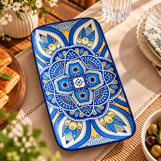Blue White Gold Mandala Rectangular Serving Platter