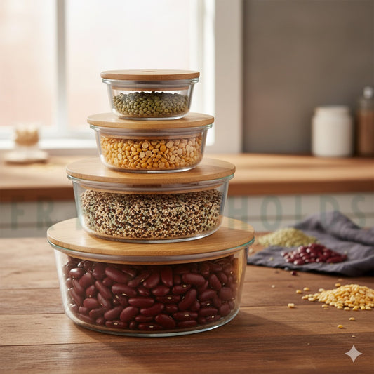 Round Glass Storage Box Set with Organic Bamboo Lids – 4-Piece Airtight Food Containers
