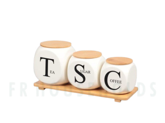 3-Piece Porcelain Airtight Jar Set with Real Bamboo Wood Stand