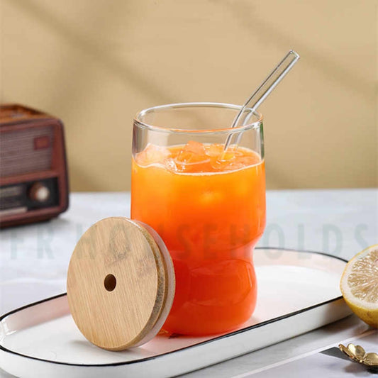 Ribbed And Plain Transparent Drinking Glass Tumbler with Bamboo Lid And Glass Straw | 400ml