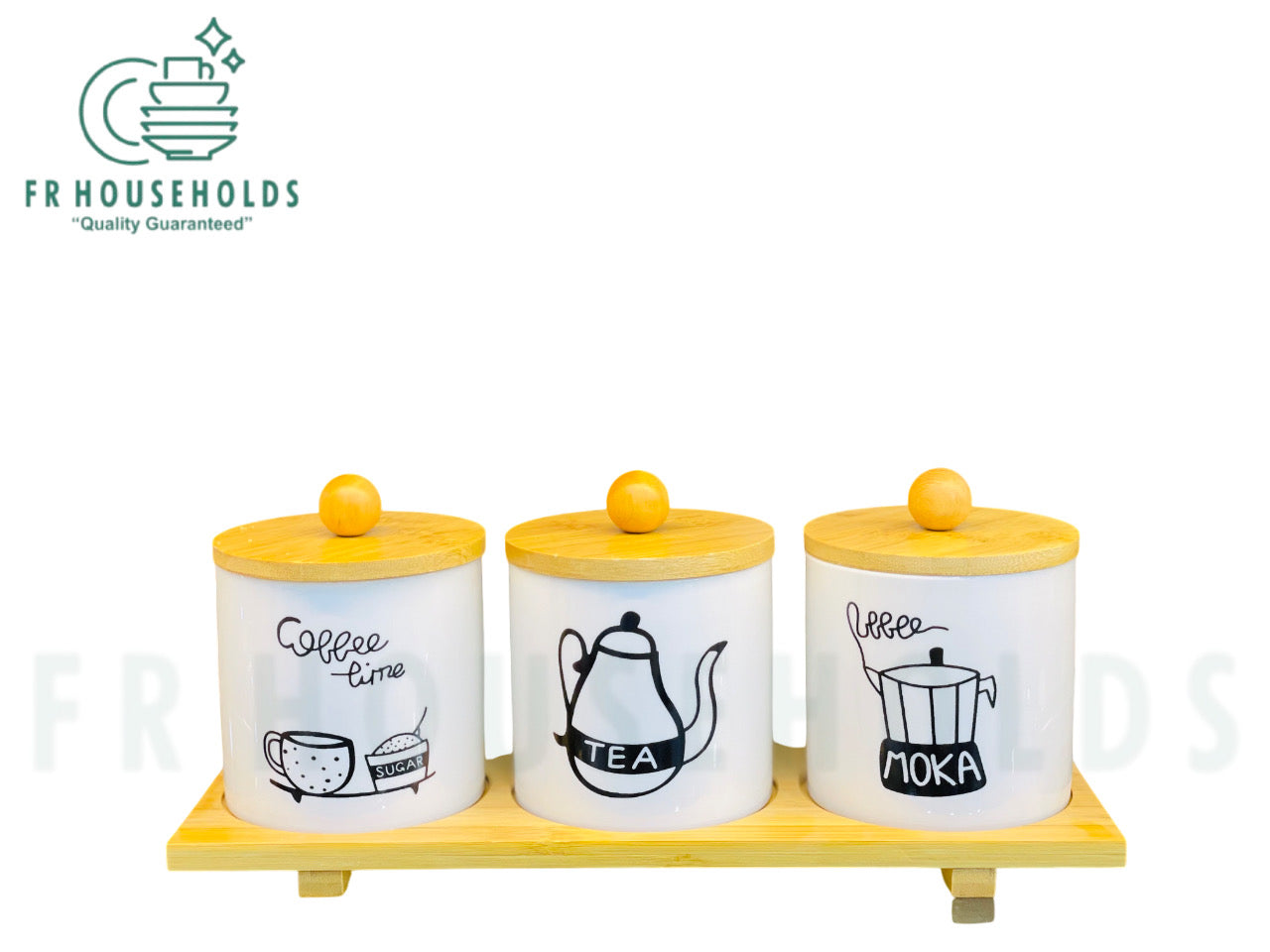 3-Piece Porcelain Airtight Jar Set with Real Bamboo Wood Stand