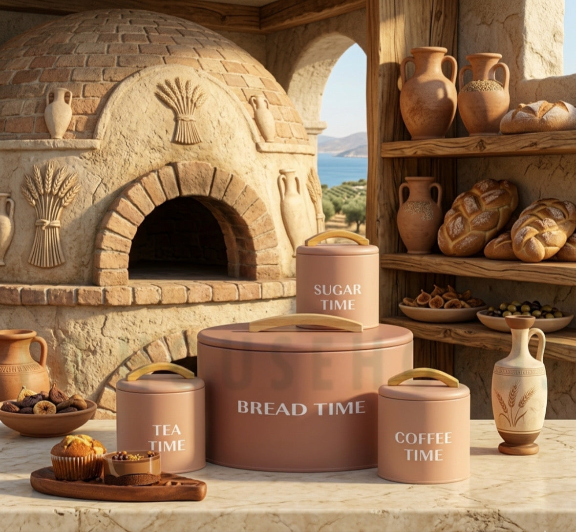 4-Piece Metallic Bread Box Set – Includes Matching Tea, Coffee & Sugar Canisters