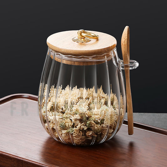 Ripple Round Glass Jar with Wooden Lid & Spoon | 500ml 800ml