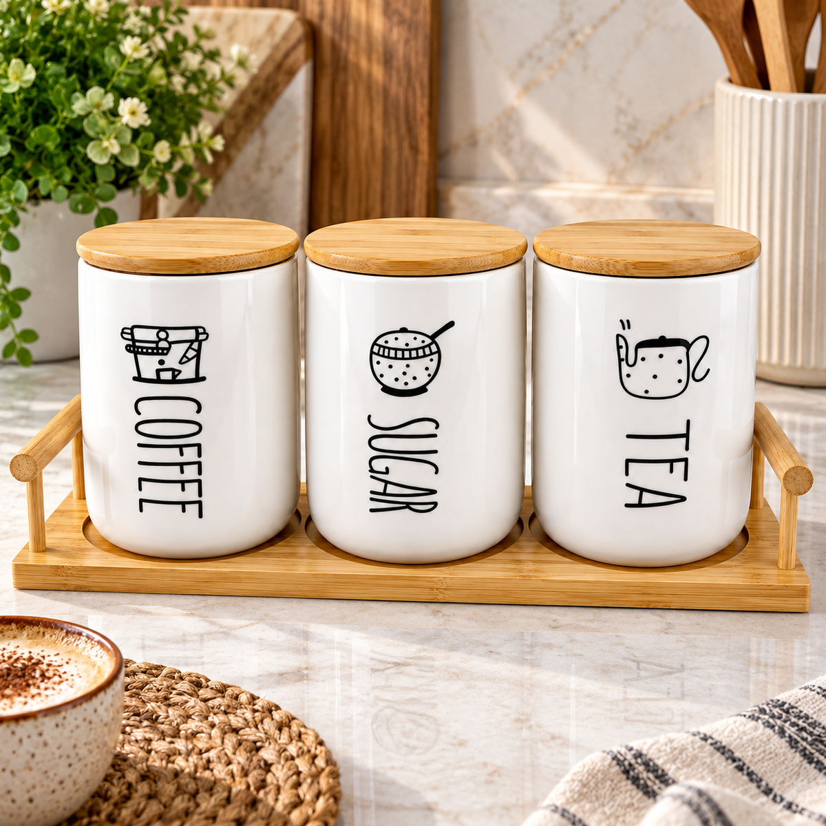3-Piece Ceramic Tea, Coffee & Sugar Canister Set with Bamboo Lids & Wooden Tray