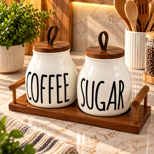 2-Piece Airtight Coffee & Sugar Ceramic Jar Set with Bamboo Rack