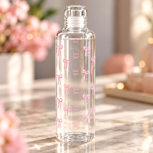 Pink Bow Motivation | Glass Water Bottle with Time Markings