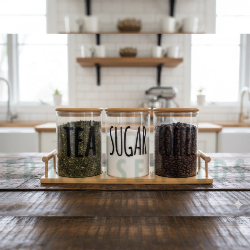 3pcs Airtight Round Glass Jars Set for Tea, Coffee & Sugar with Bamboo Lids and Stand - 1000g Jar
