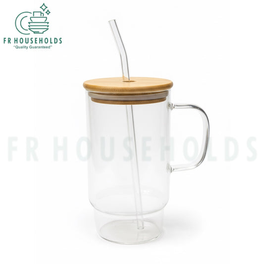 700ml Short Base Borosilicate Glass Tumbler with Straw & Bamboo Lid – Eco-Friendly & Stylish