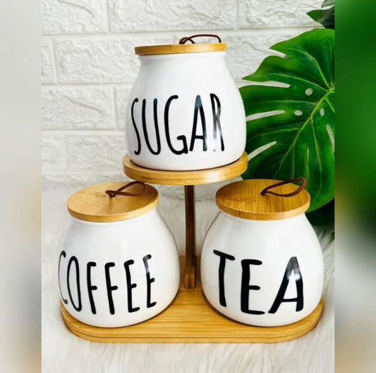 3pcs Round Airlock Tea Coffee & Sugar Jars With Wood Stand