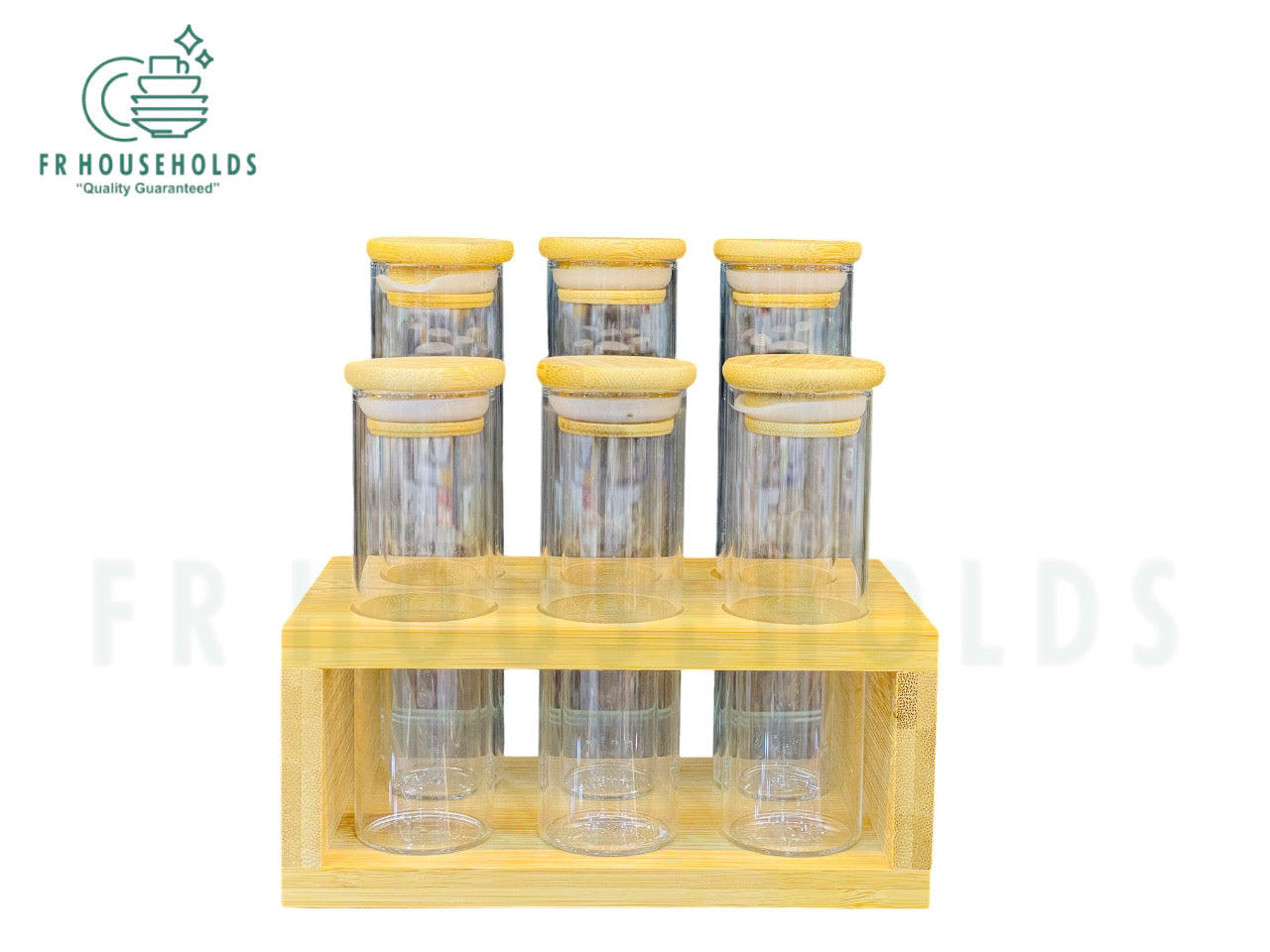 Cylinder Shape Glass Jars Condiments Organiser Stand | 6 Airlock Jars - 1 Wooden Stand