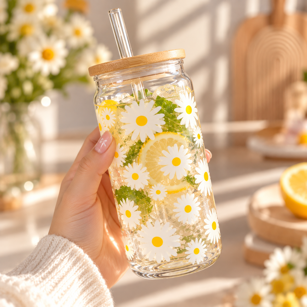 Daisy Flower Glass Tumbler with Lid & Straw