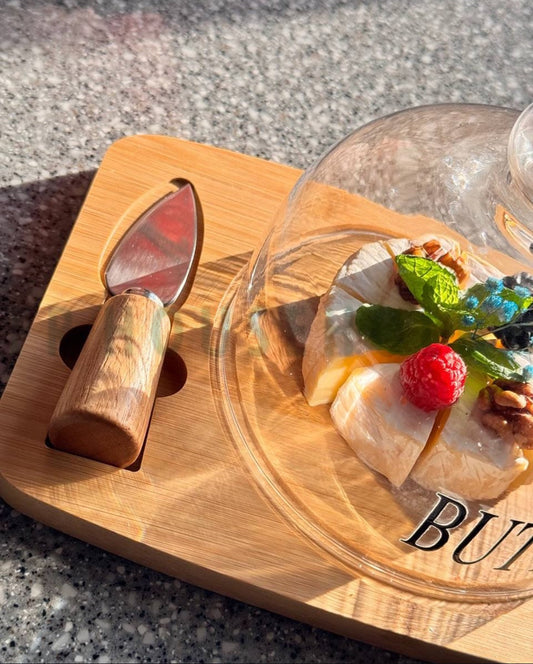 Elegant Butter Dish with Glass Dome & Organic Bamboo Base – Includes 2 Butter Knives