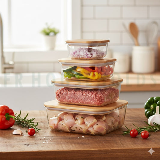 Square Glass Storage Box Set with Organic Bamboo Lids – 4-Piece Airtight Food Containers