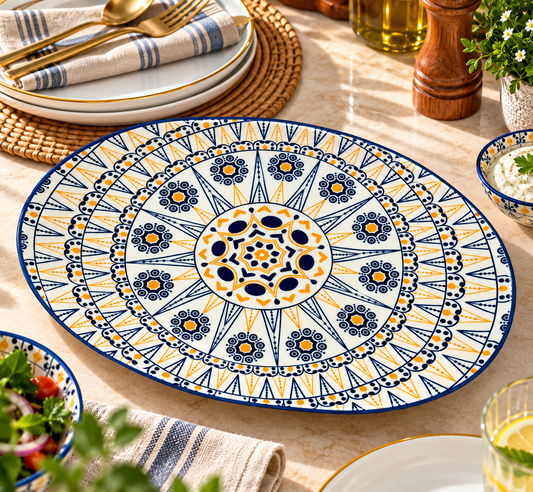 Blue White Geometric Floral Oval Serving Platter