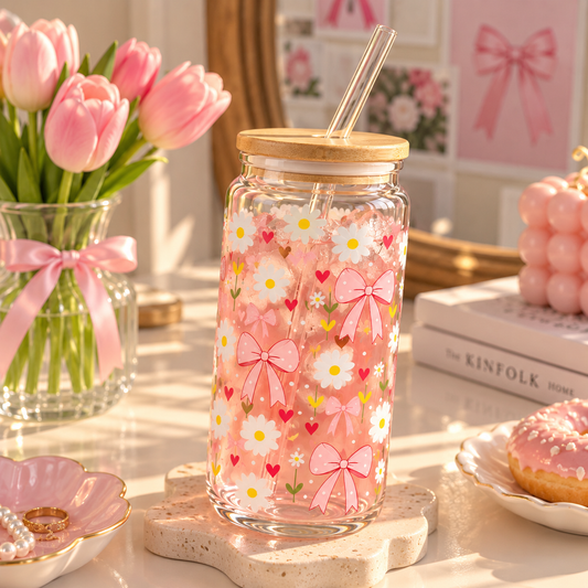 Bow & Daisy Floral Glass Tumbler with Lid & Straw