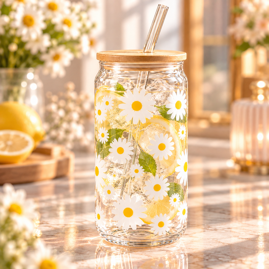 Daisy Flower Glass Tumbler with Lid & Straw