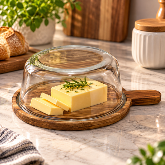 Trending Round Glass Serving Dish with Wooden Paddle Tray & Lid