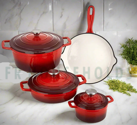7pcs Cast Iron Enamel Cookware Set - Red
