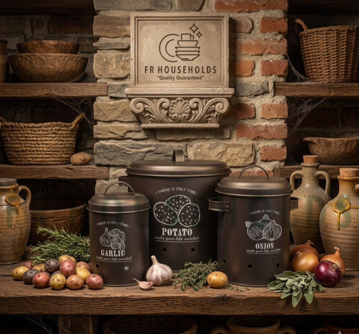 3-Piece Tin Storage Bucket Set for Potatoes, Onions, and Garlic | Black