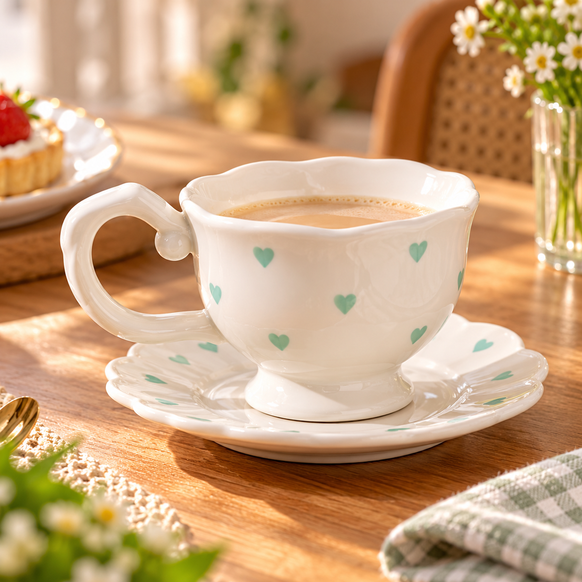 Heart Print Ceramic Tea Cup and Saucer – 250ml, Different Colours