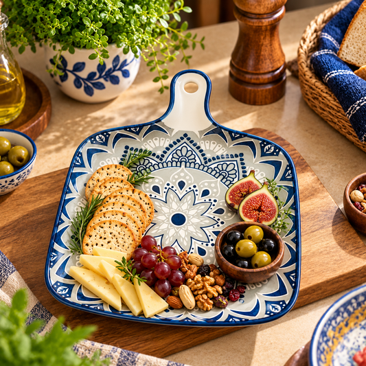 Blue White Mandala Square Serving Platter with Handle