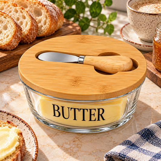 Glass Butter Dish with Bamboo Lid & Knife – Round Design