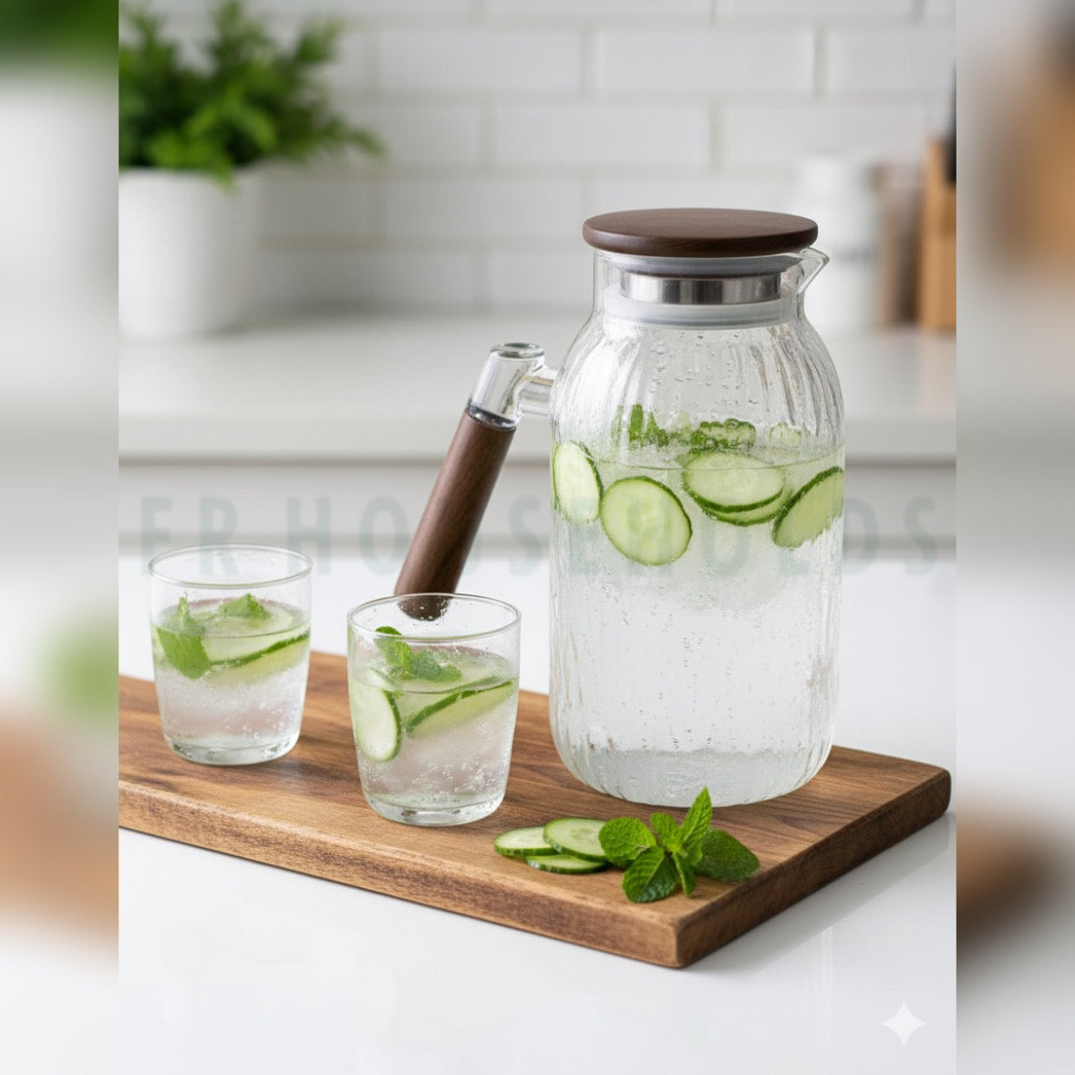 2.0L Borosilicate Glass Jug with Wooden Texture Handle – Elegant & Heat-Resistant Pitcher