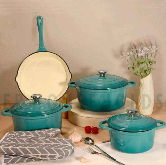 7pcs Cast Iron Enamel Cookware Set - Turquoise
