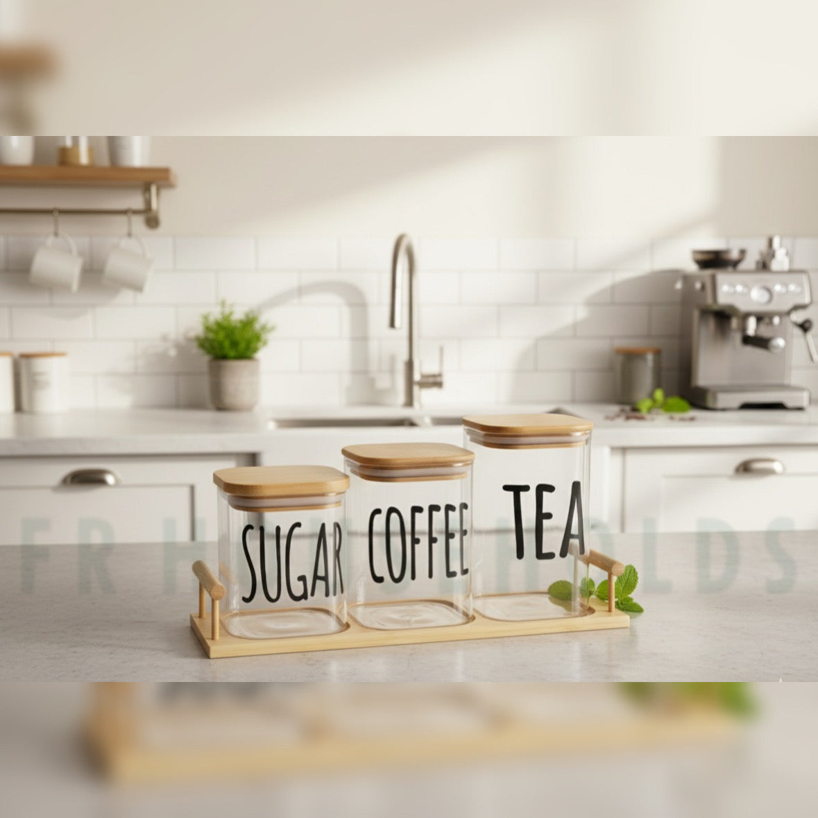 3pcs Airtight Square Glass Jars Set for Tea, Coffee & Sugar with Bamboo Lids and Stand - 1000g Jar | 1000g - 750g & 500g