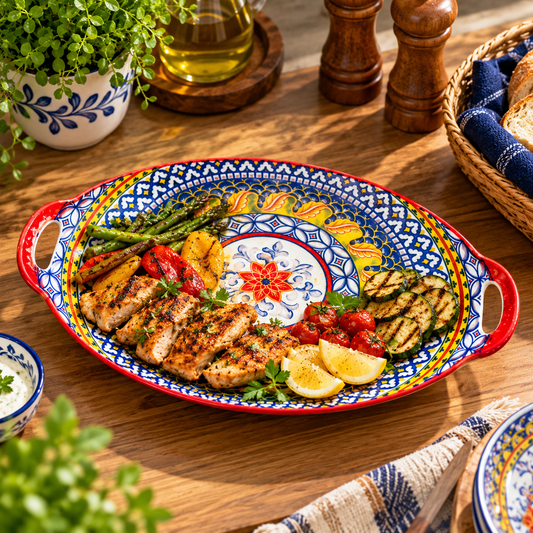 Red Blue Floral Oval Serving Platter with Handles