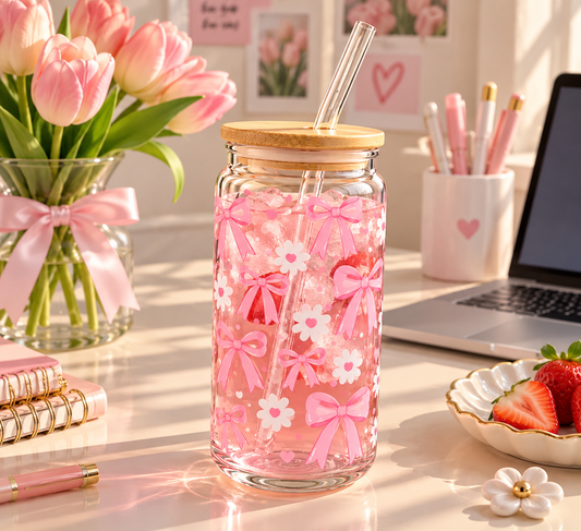 Pink Bow & Flower Glass Tumbler with Lid & Straw