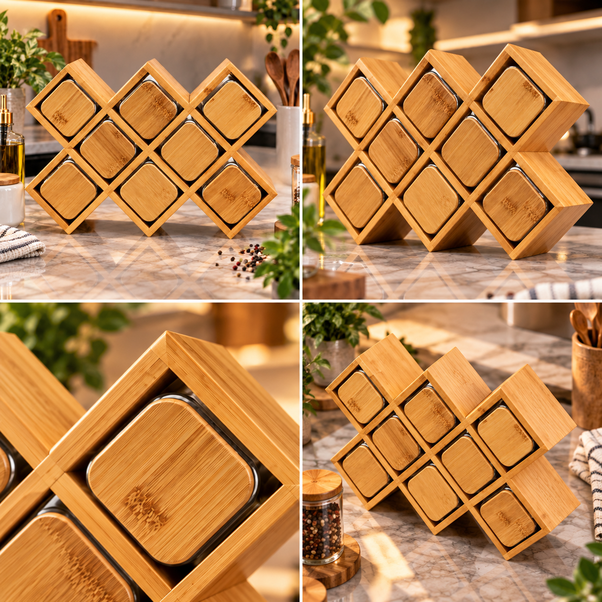 Bamboo Spice Rack with 8 Glass Jars & Bamboo Lids – Diamond Design