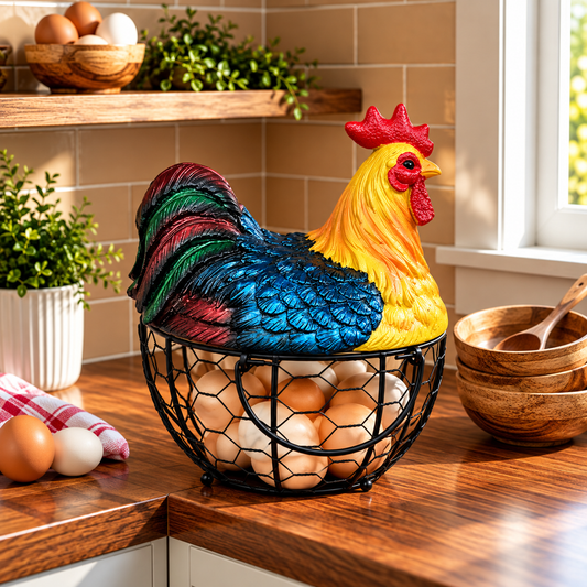 Decorative Rooster Egg Basket with Lid – Multi-Purpose Kitchen Storage