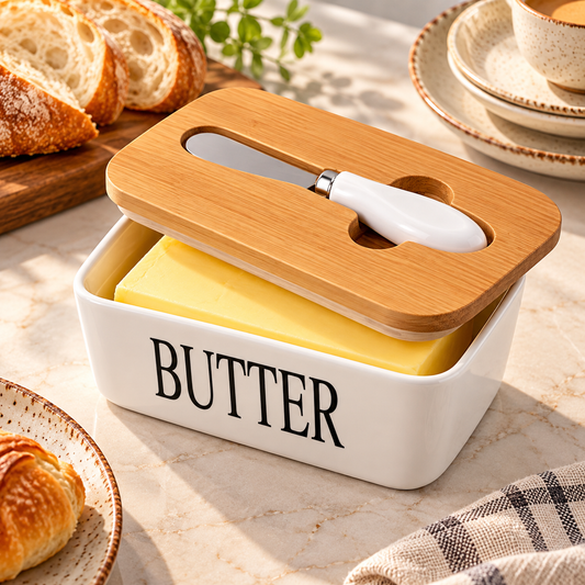 Ceramic Butter Dish with Wooden Lid and Butter Knife