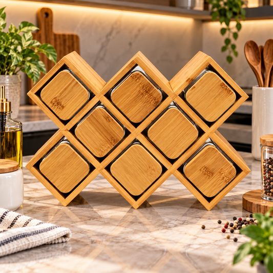 Bamboo Spice Rack with 8 Glass Jars & Bamboo Lids – Diamond Design