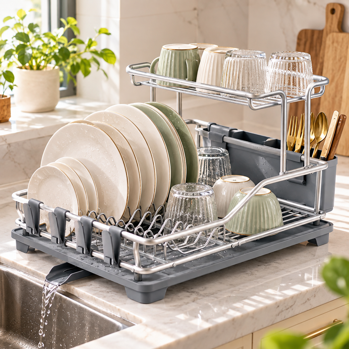 2-Tier Aluminium Dish Drying Rack with Cutlery Holder & Glass Hooks