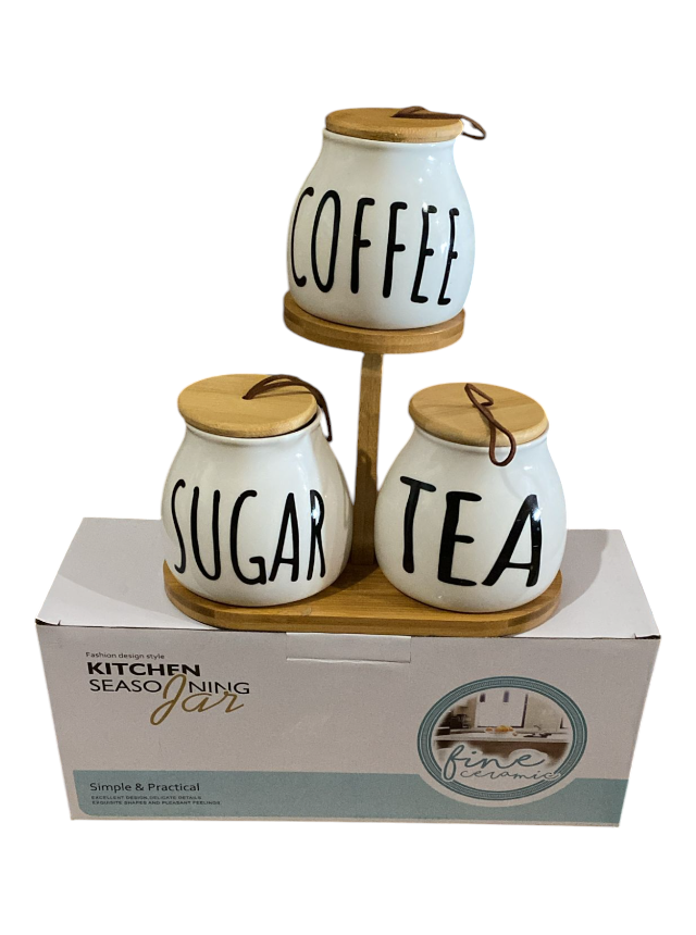 3pcs Round Airlock Tea Coffee & Sugar Jars With Wood Stand